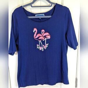 Karen Scott Glitter & Sequins 100% Cotton Flamingo Navy Blue Shirt Tee Size XL